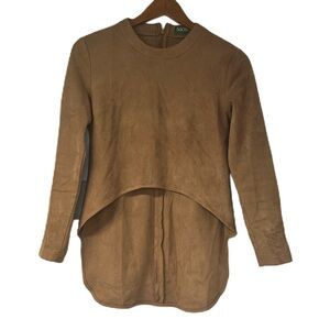 Moss Tan Faux Suede High Low Long Sleeve Top Size XS Lagenlook asymmetric